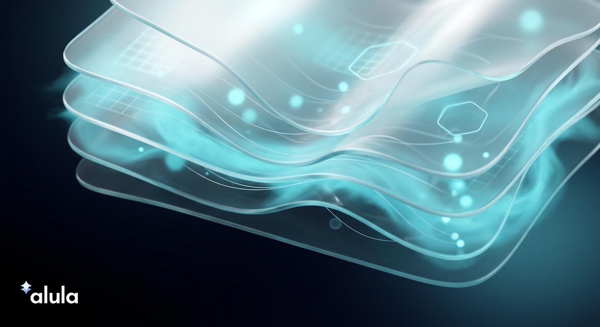 Abstract frosted glass visualization of layered cost structures and dynamic interest rate modifiers.