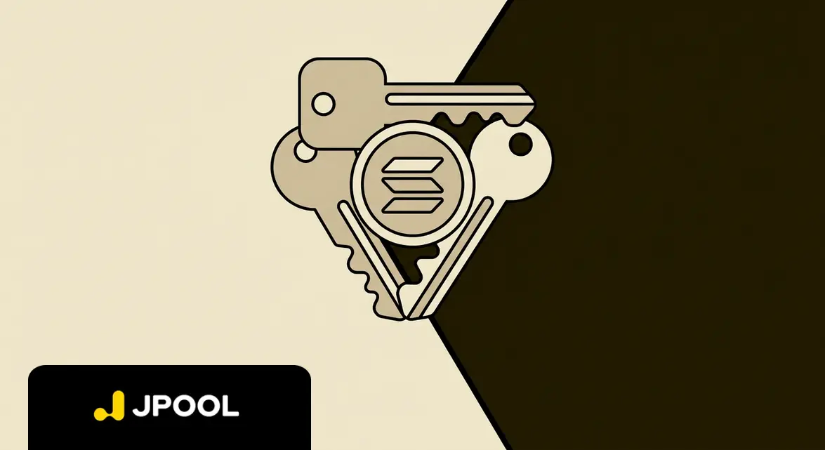 Flat 2D illustration of three interlocking keys protecting a Solana coin, representing multisig administrative governance.