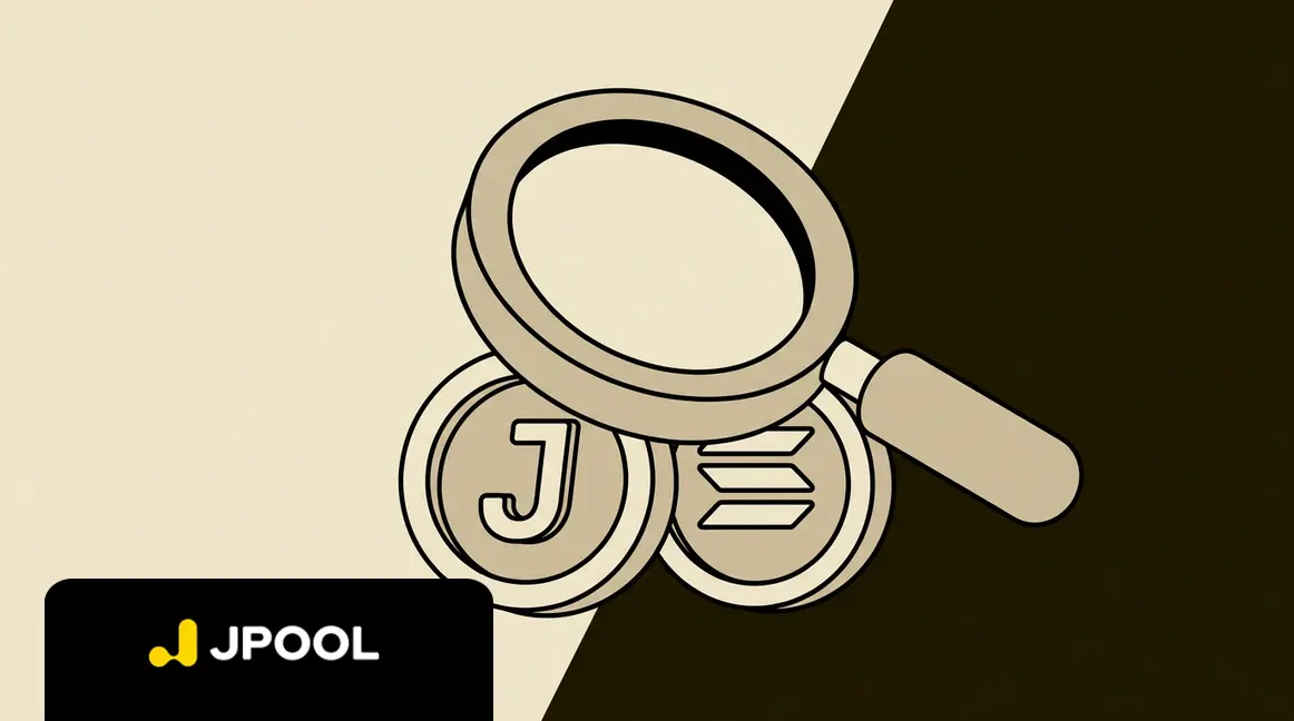 Illustration of a large magnifying glass inspecting a J-branded coin and a Solana coin, representing regulatory compliance in DeFi.
