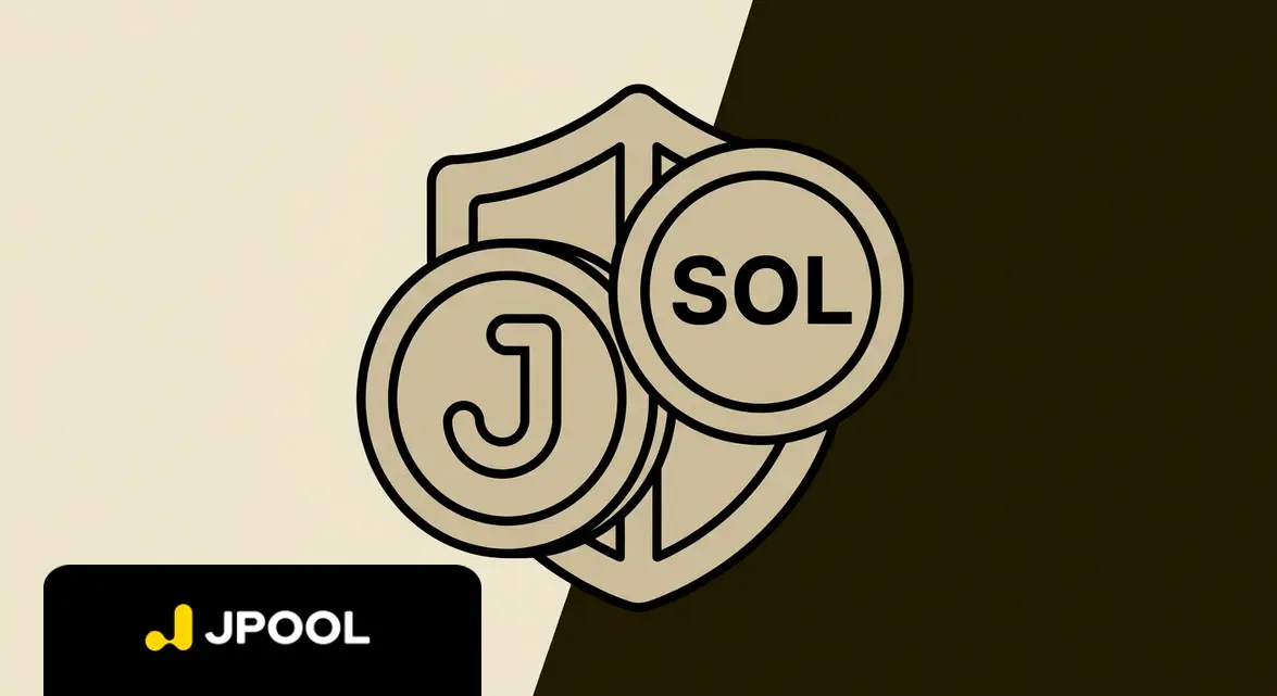 Flat illustration of a large shield overlapping with J and SOL crypto coins, representing compliance and on-chain architecture.