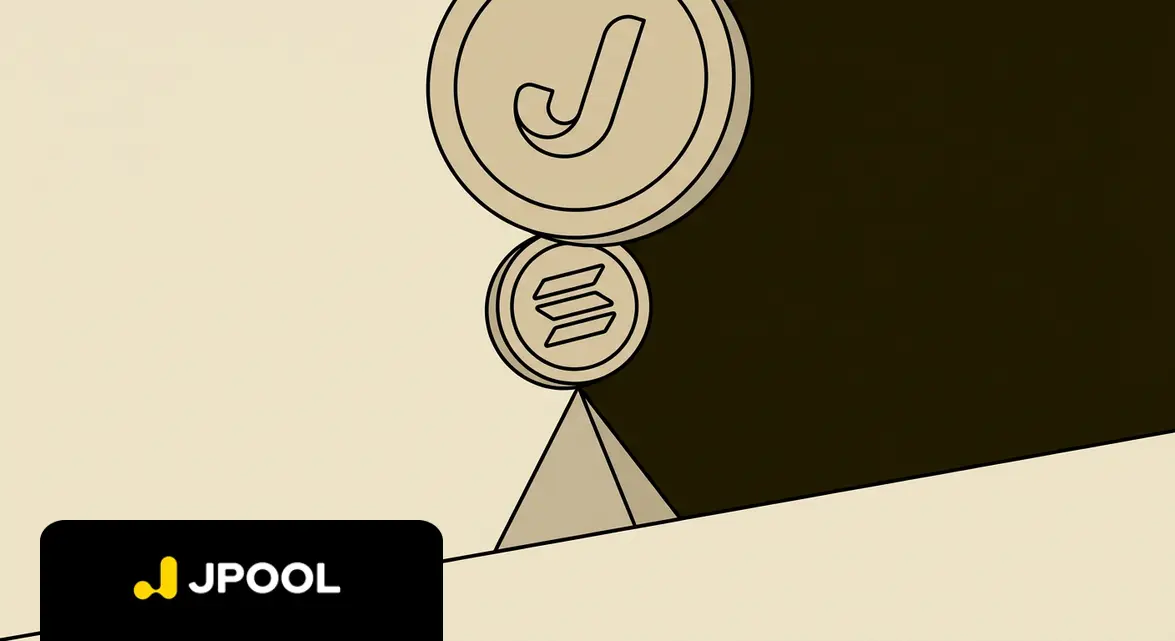 Flat 2D illustration of a massive J coin and SOL coin balanced on a fulcrum, representing collateral risk.