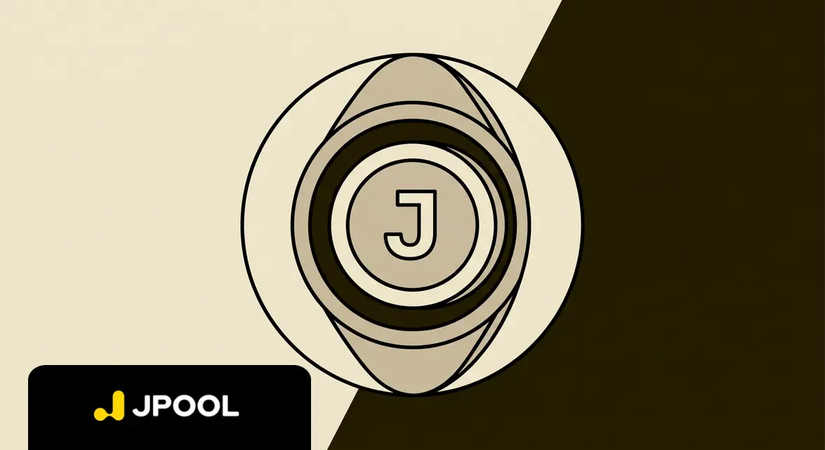 Flat 2D illustration of an interlocking geometric vault core opening to reveal a radiant, solid JPool token.