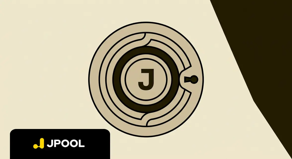 Minimalist flat vector illustration of an interlocking geometric vault protecting a JPool token, illustrating on-chain programmatic ownership.