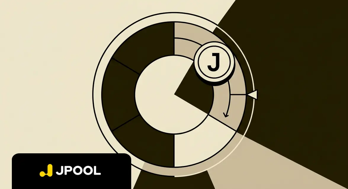 Minimalist editorial graphic of a segmented radial epoch ring interacting with a JPool token.