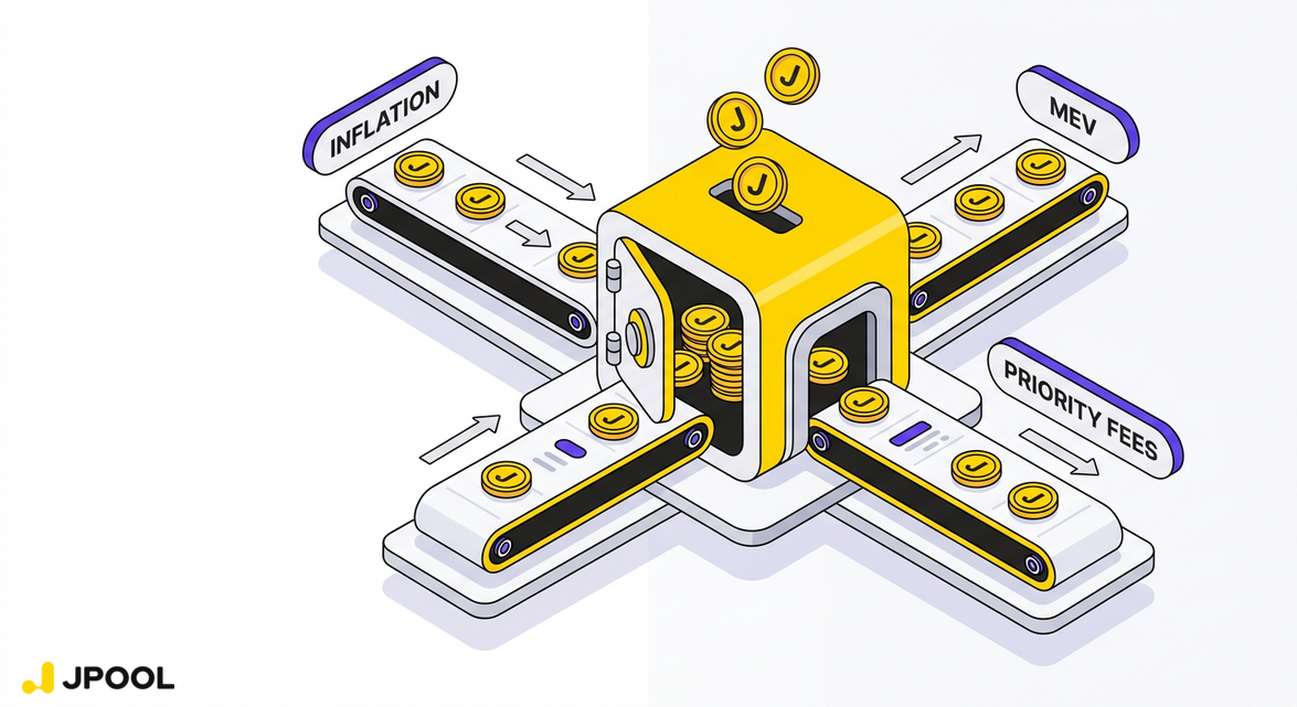 Visualizing the three distinct sources of yield (Inflation, Priority Fees, MEV) merging into one.