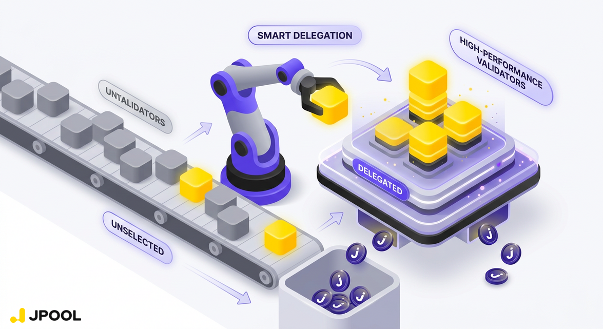 Visualizing the Smart Delegation algorithm filtering and selecting the best validators.