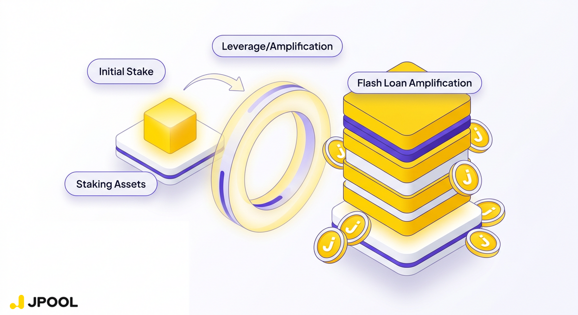 Illustrating the mechanics of leveraged staking and flash loans amplifying a base position.