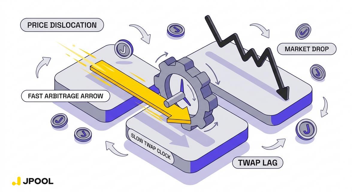 Illustration of the TWAP failure window and price dislocation caused by low-latency manipulation.